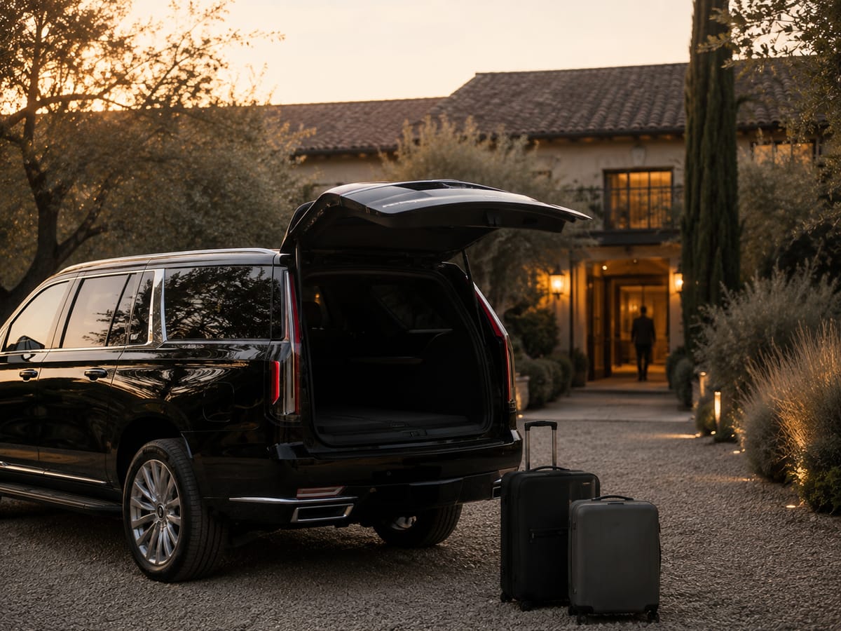 A premium SUV at the entrance of a Sonoma County inn as luggage is unloaded, early evening