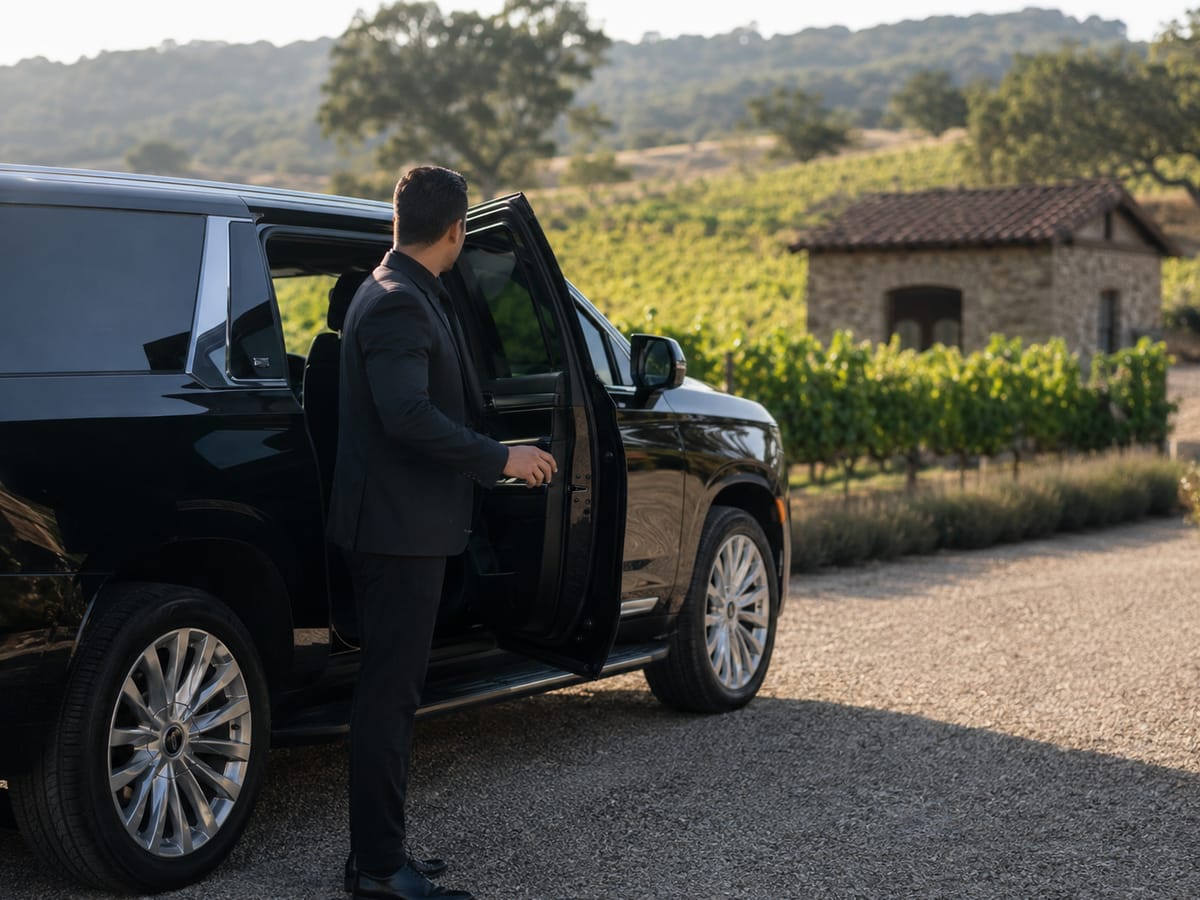 A chauffeur in a dark suit holding open the rear door of a black SUV on a gravel courtyard beside a vineyard