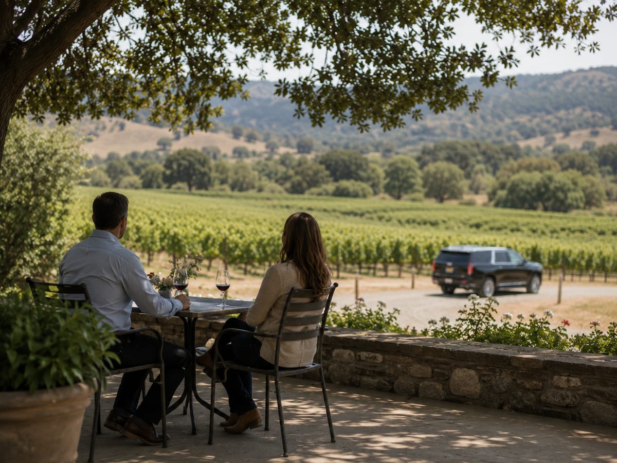 Two people at a small table on a shaded terrace overlooking vineyards, with a black SUV waiting on the drive beyond