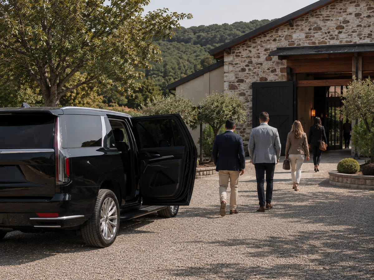 A black SUV at the entrance of a stone winery building as a small group walks toward the door