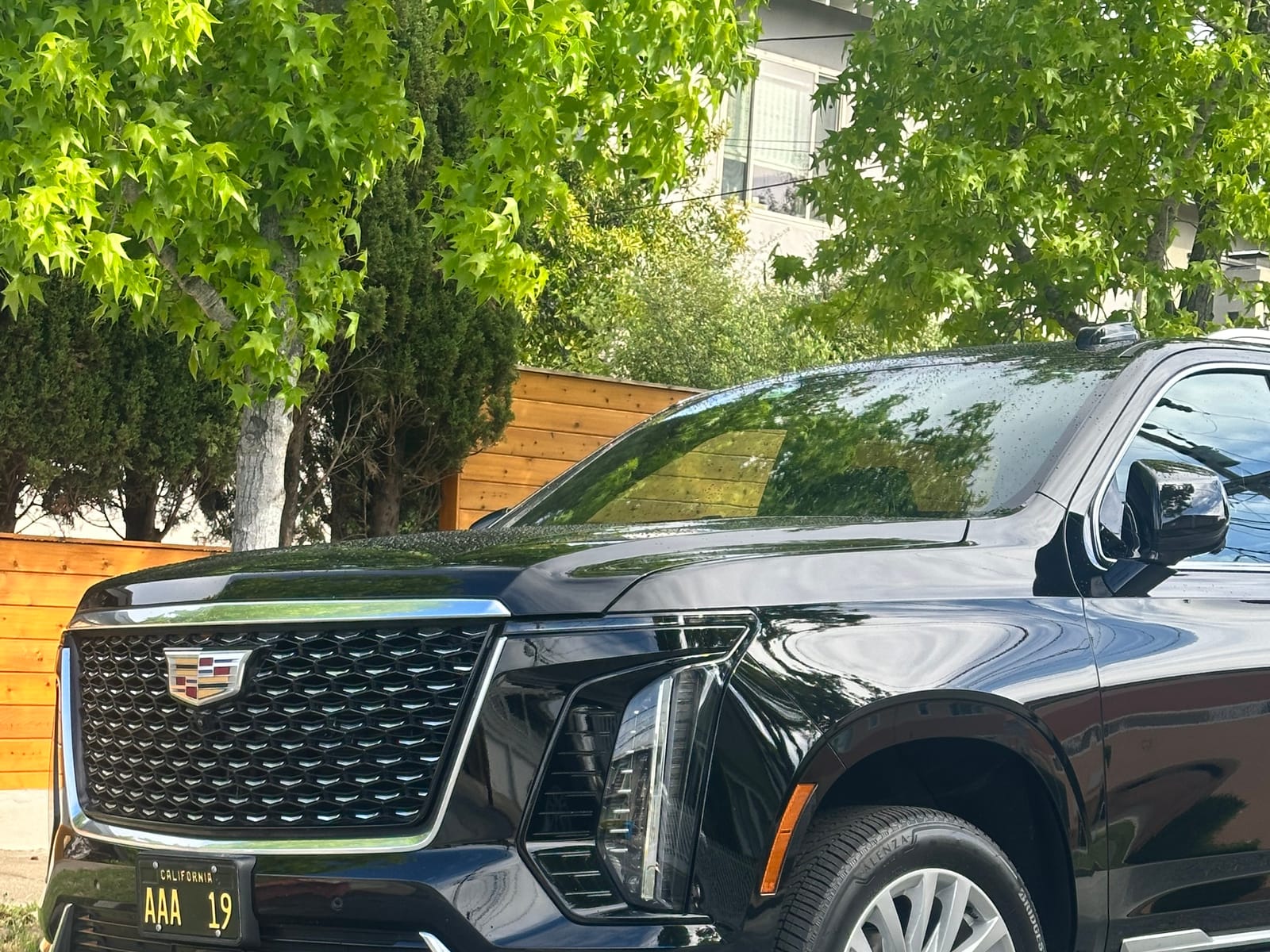 A black luxury SUV waiting under trees — the most common choice for a small group wine country day