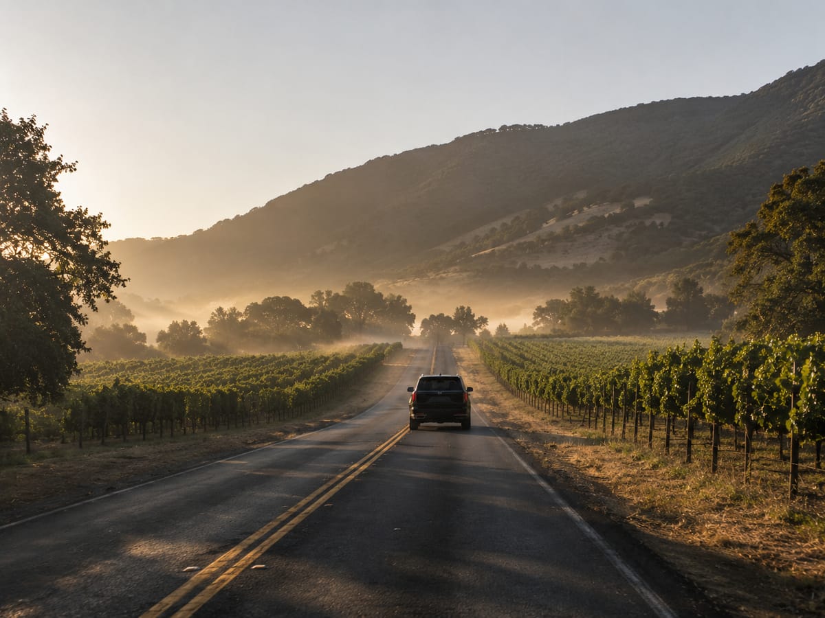 A road running between vineyard rows into a narrow valley at sunrise, with mist lying in the trees ahead