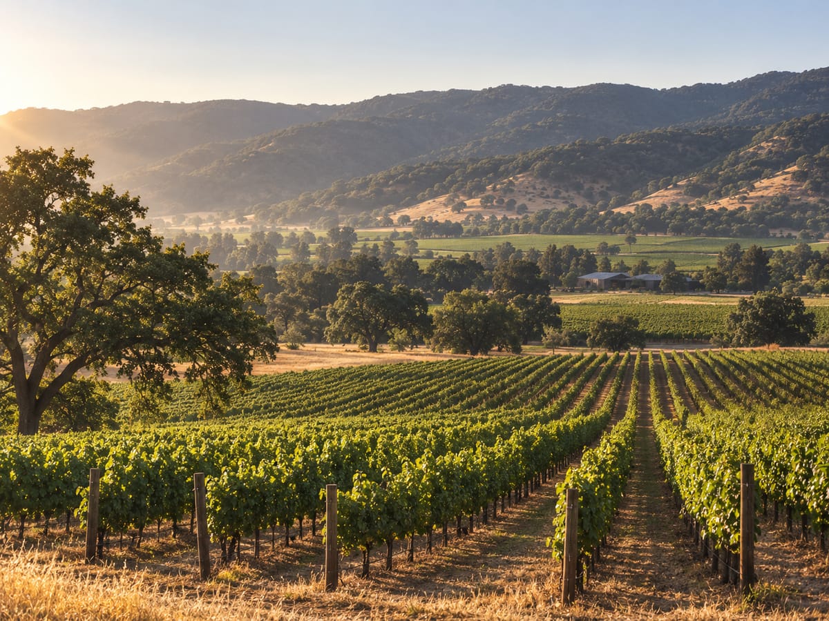 Ordered vineyard rows running across a valley floor toward oak-covered hills in warm early light