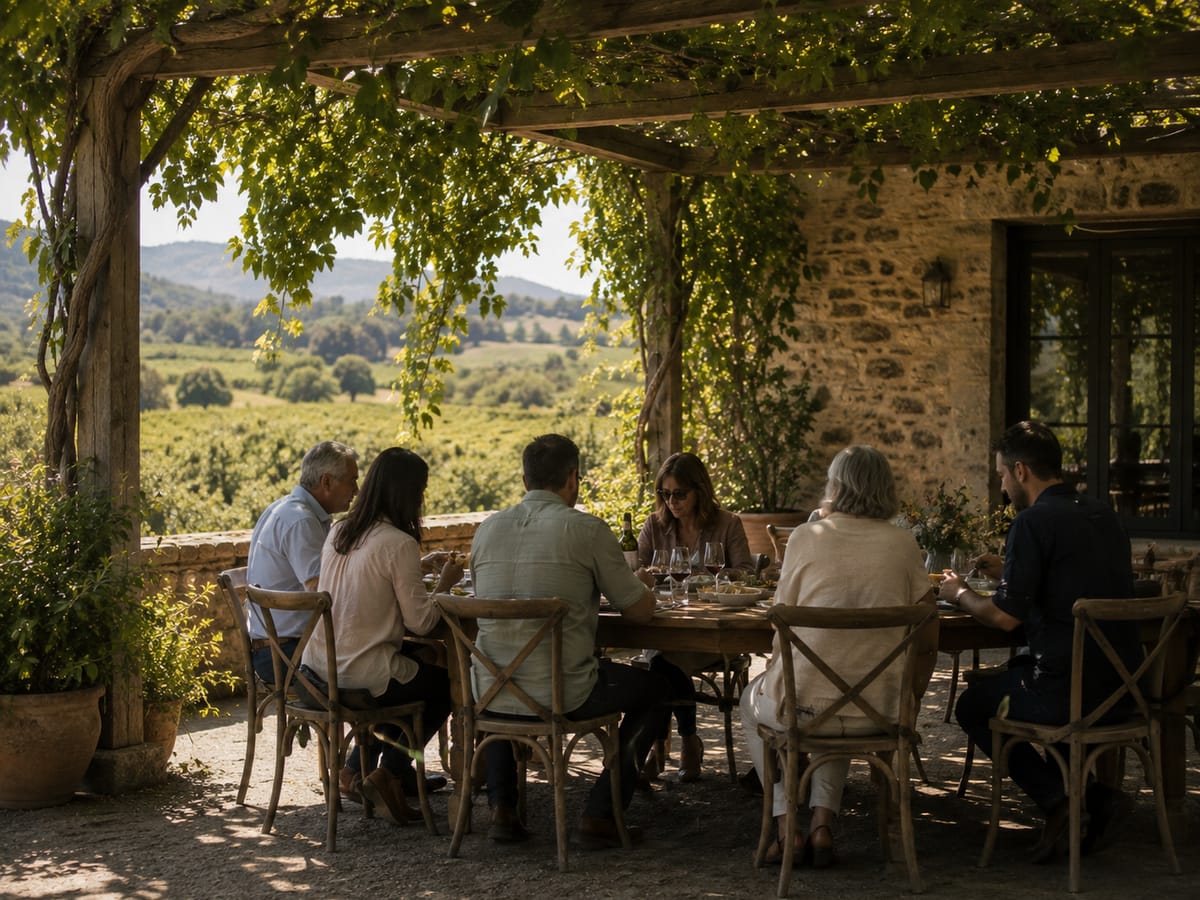 A group of mixed ages sharing a long lunch table under a vine-covered pergola looking out over vineyards