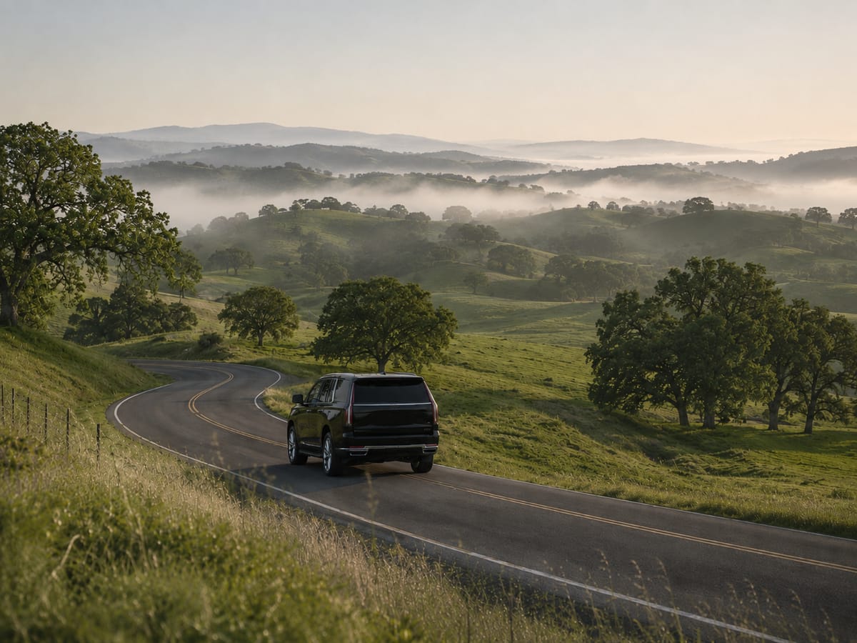 A road curving through open oak-dotted hills at sunrise, with low mist lying in the folds of the ground
